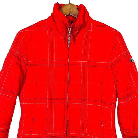 Post Card Quilted Ski Jacket Full Zip Plaid Red Mock Neck - 6 - Picture 2 of 10